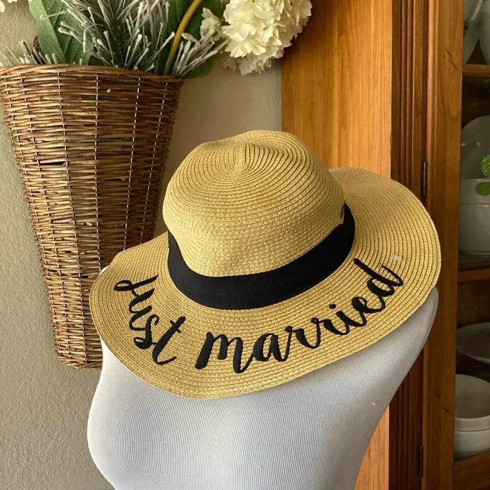 C.C Floppy Paper Straw Wide Brim Hat Embroidered Just Married OS